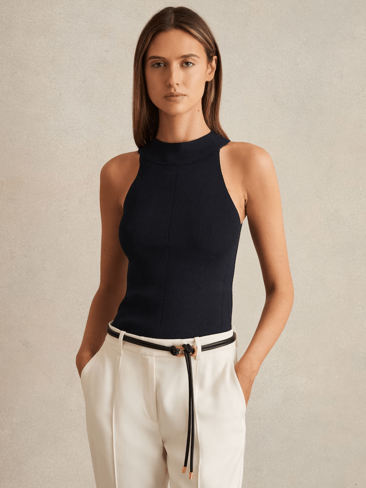 Reiss Lacey Rib Knit High Neck Vest in Navy