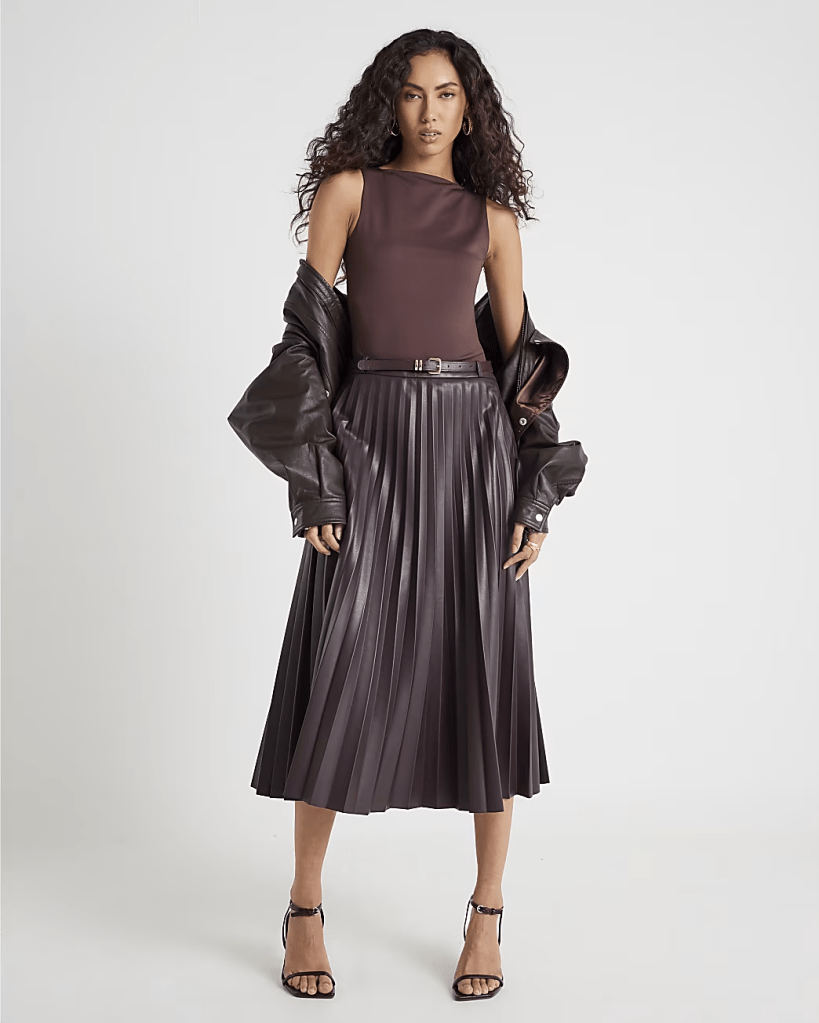 River Island Red Belted Pleated Midi Skirt