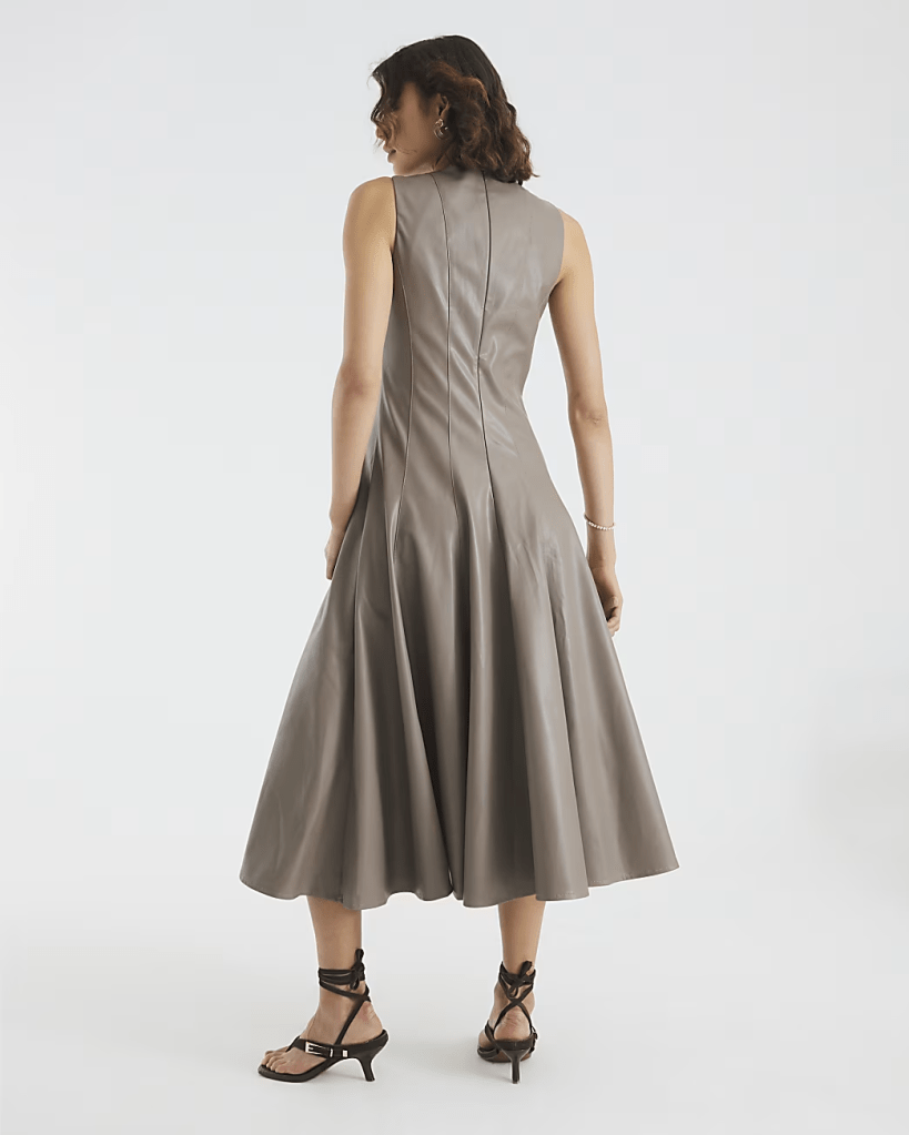 River Island Stone Faux Leather Fitted Waist Midi Dress back view