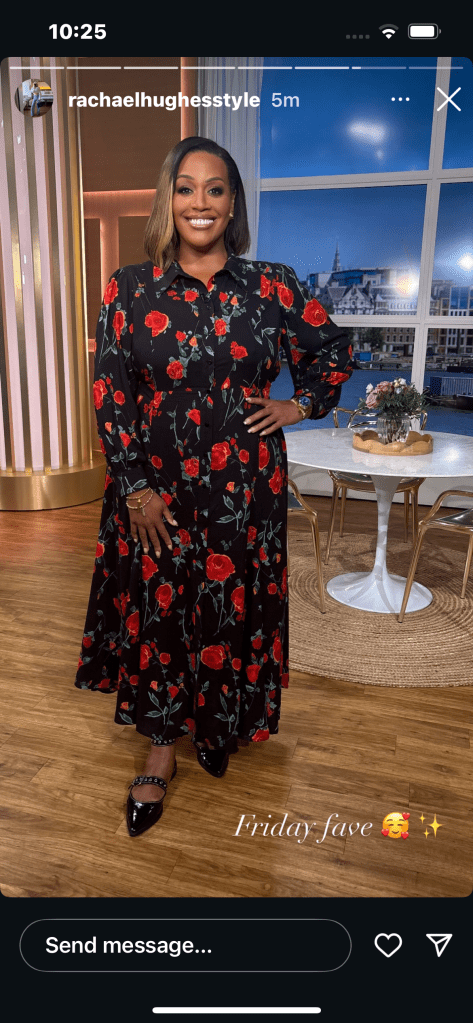 where to get all Alison Hammond This Morning outfits black rose print shirt dress black patent strap shoes what is alison wearing 12 September 2025 Photo Rachael Hughes