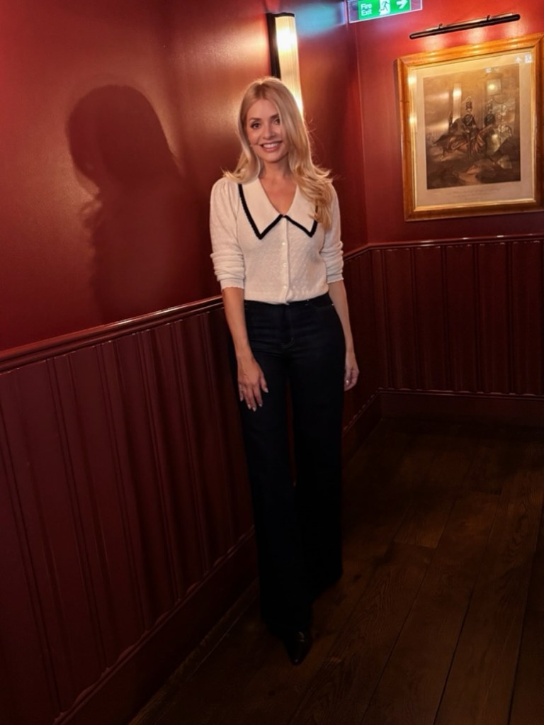 where to get all Holly Willoughby Gaarnier outfits cream sailor collar cardigan black trousers what is holly wearing  18 September 2025 Photo Danielle whiteman