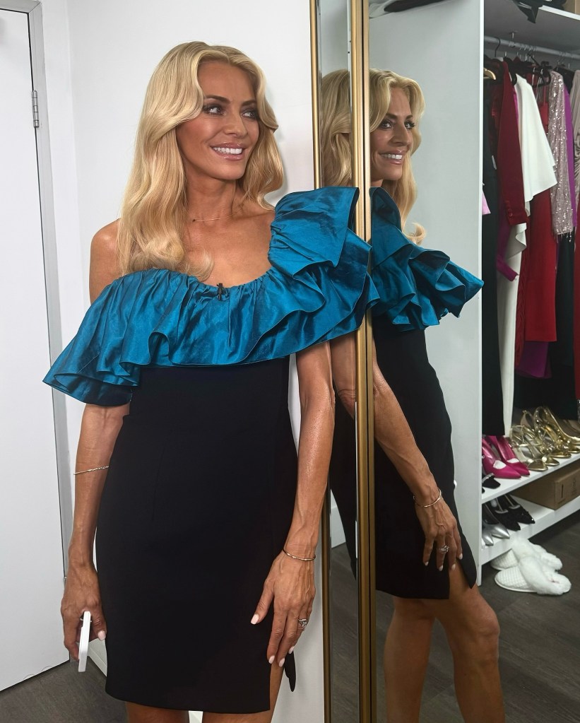 where to get all Tess Daly Strictly Come Dancing dresses black mini dress blue teal ruffle what is Tess wearing 27 September 2025 Photo Tess Daly