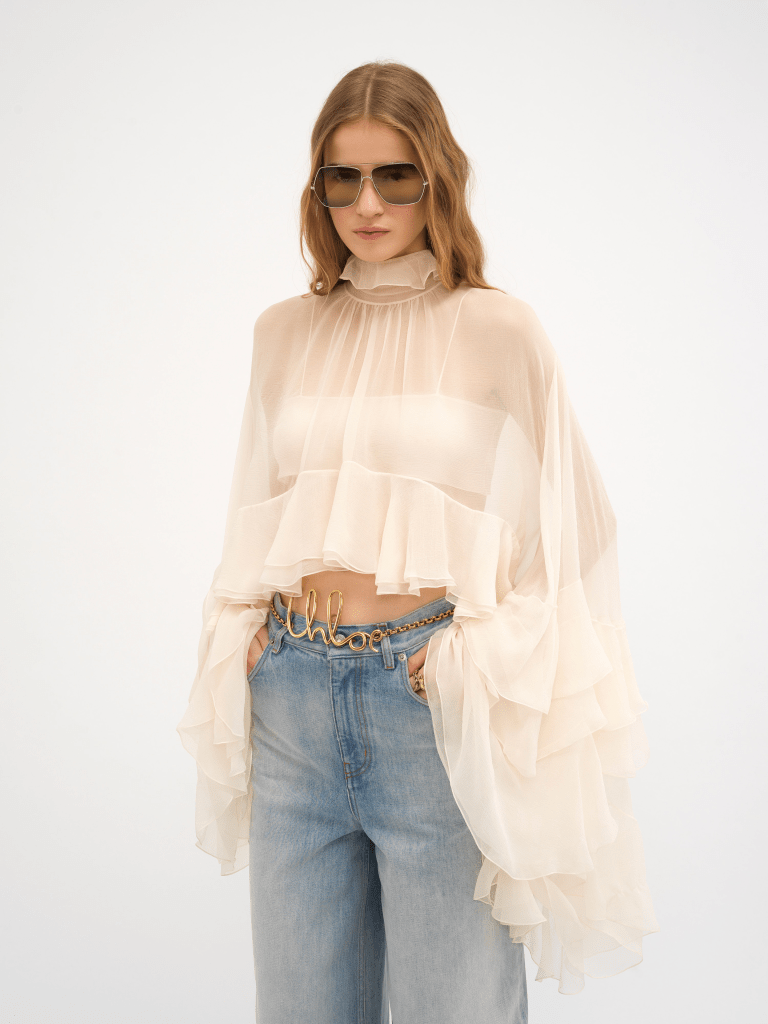 Chloe High-low ruffle top in silk mousseline
