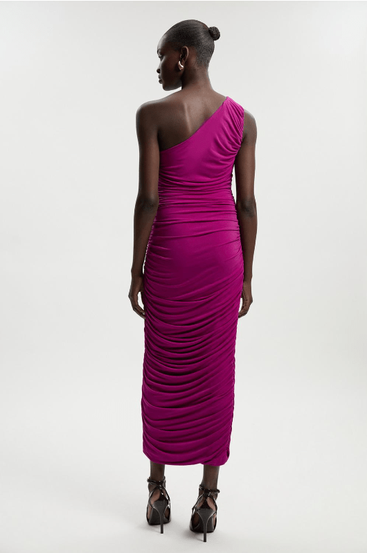 Karen Millen Purple One Shoulder Drapey Crepe Trim Detail Ruched Maxi Dress back view
