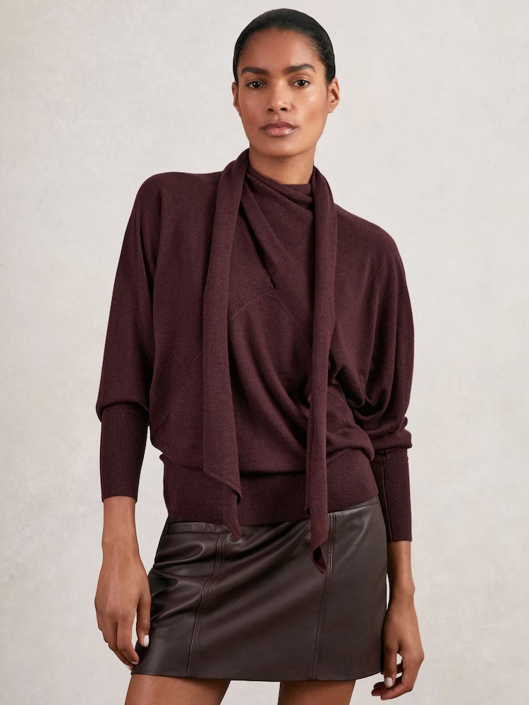 Reiss Alexis Wool Scarf-Tie Draped Jumper in Burgundy