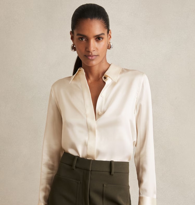 Reiss Ameira Silk-Satin Concealed-Placket Shirt in Ivory
