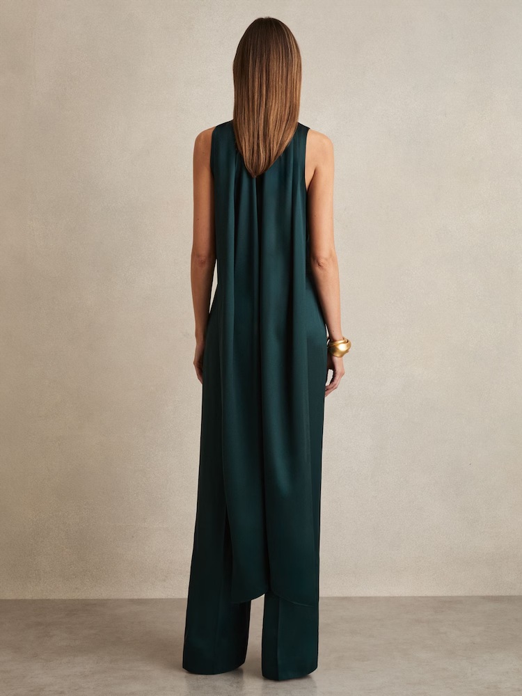 Reiss Farah Satin Cape-Sash Jumpsuit in Teal Green back view