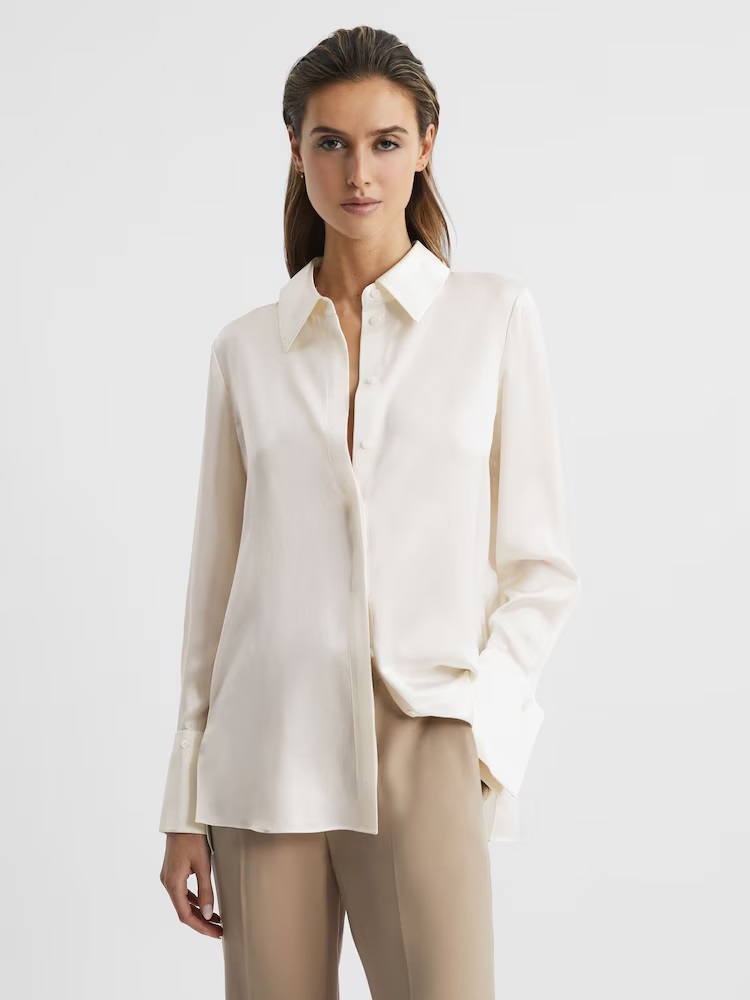 Reiss  Hailey Silk Double-Cuff Button-Through Shirt in Ivory