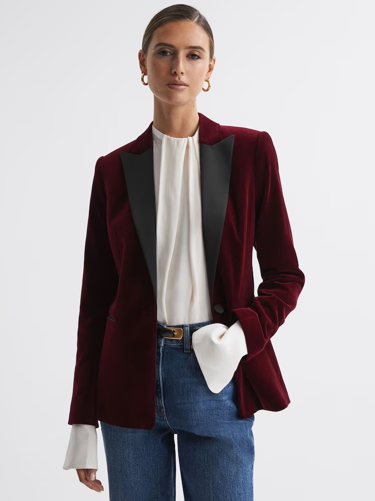 Reiss Opal Fitted Velvet Single Breasted Suit Blazer in Red