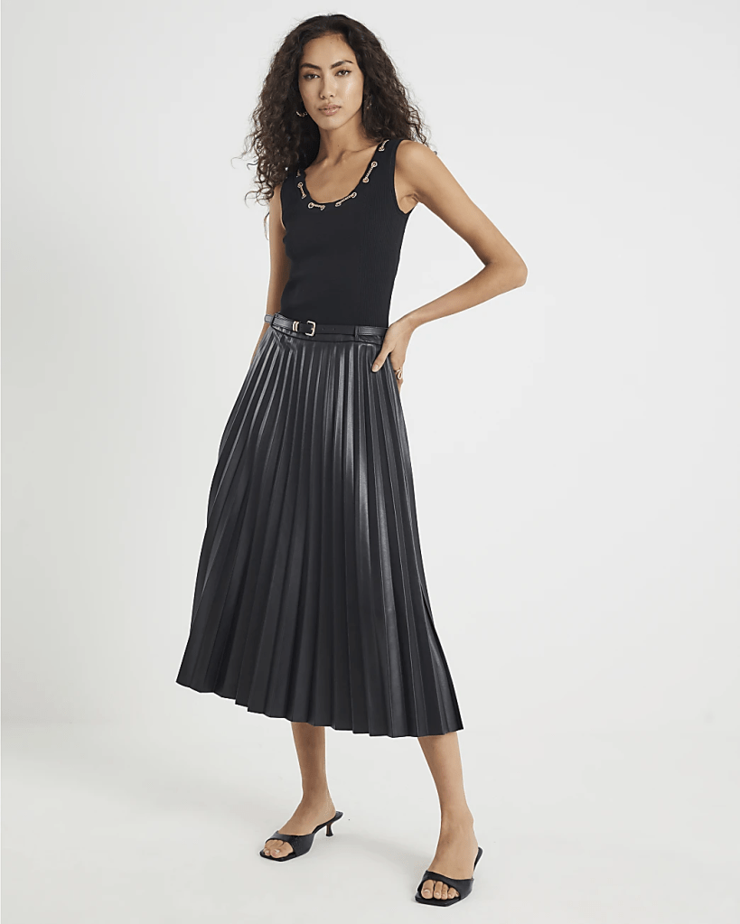 River Island Black Faux Leather Belted Pleated Midi Skirt