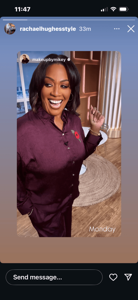 where to get all Alison Hammond This Morning outfits burgundy maroon satin shirt and trousers what is alison wearing 27 October2025 Photo Rachael Hughes