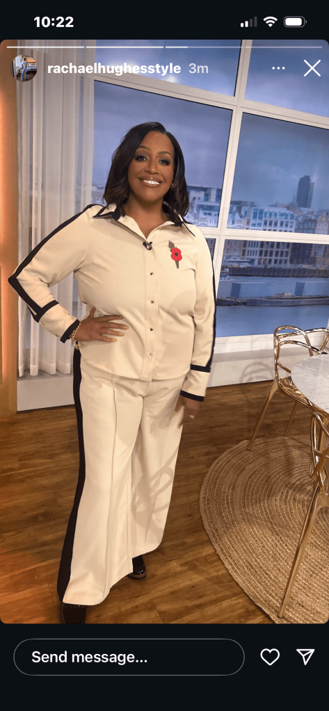 where to get all Alison Hammond This Morning outfits neutral contrast trim trouser set what is alison wearing 30 October2025 Photo Rachael Hughes