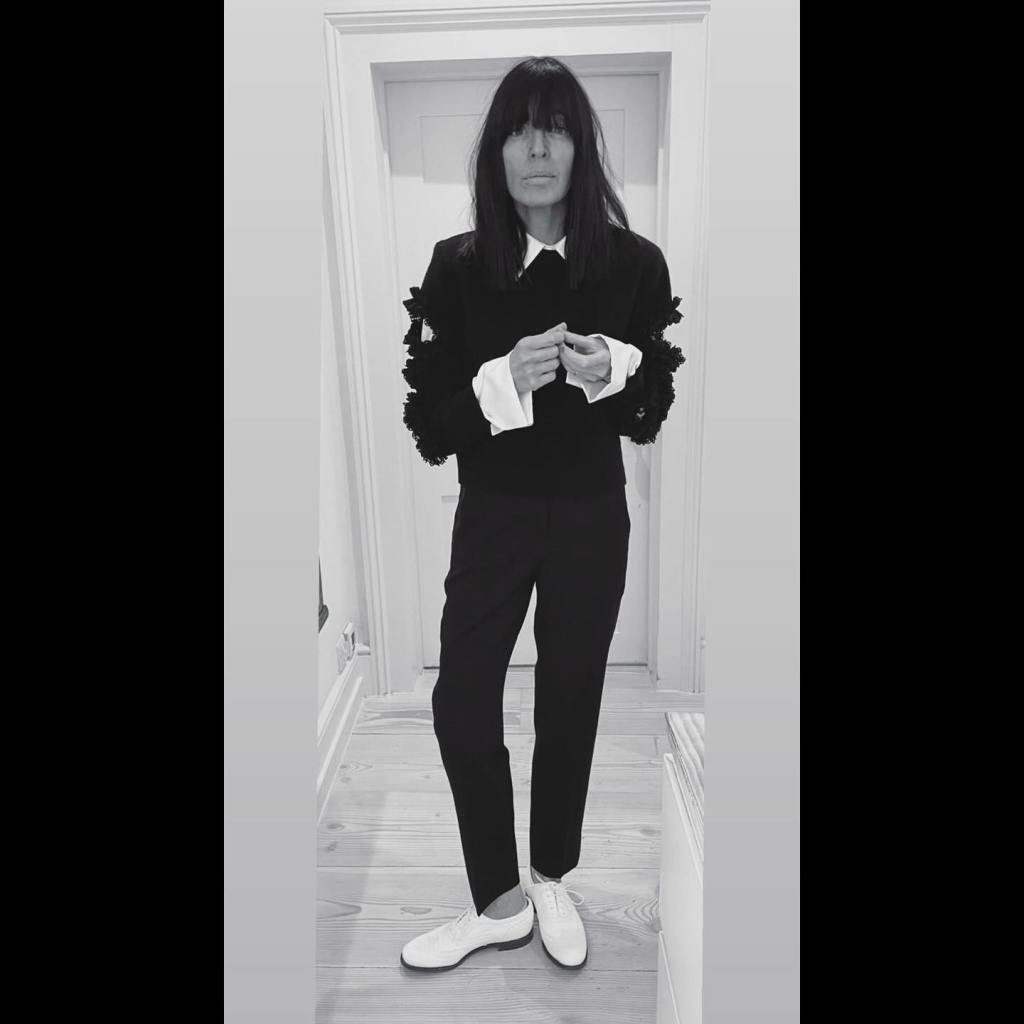 where to get all Claudia Winkleman Celebrity Traitors outfits black lace trim jumper cream double cuf shirt black trousers whute Oxford brogues 15 October 2025 Photo Sinead McKeefry