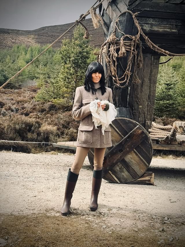 where to get all Claudia Winkleman Celebrity Traitors outfits brown herringbone jacket cream blouse beige trousersbrown wellington boots 8 October 2025 Photo Sinead McKeefry