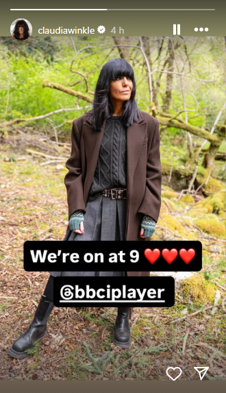 where to get all Claudia Winkleman Celebrity Traitors outfits grey skirt brown coat black ankle boots grey cable knit  22 October 2025 Photo Claudia Winkleman