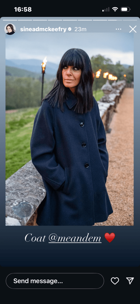 where to get all Claudia Winkleman Celebrity Traitors outfits navy swing coat  30 October 2025 Photo Sinead McKeefry