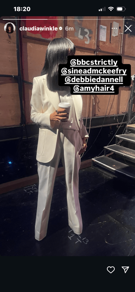 where to get all Claudia winkleman Strictly Come Dancing outfits cream blazer and trousers ivory vest what is Claudia wearing 18 October 2025 photo Claudia Winkleman
