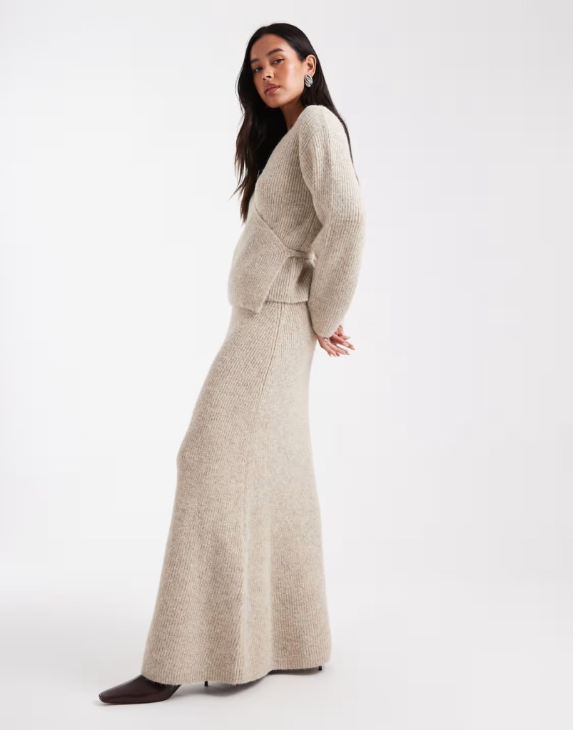 4th & Reckless wool feel ribbed knit fishtail maxi skirt co-ord in beige