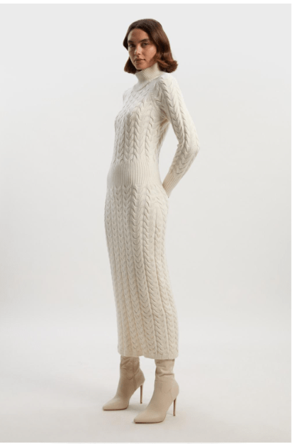Karen Millen Cream Cable Knit Funnel Neck Maxi Dress