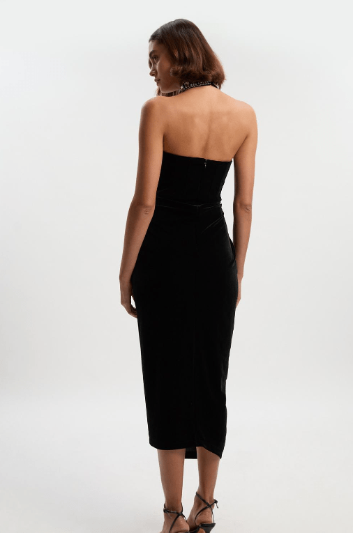 Karen Millen Tailored Velvet Halter Embellished Neck Midi Dress