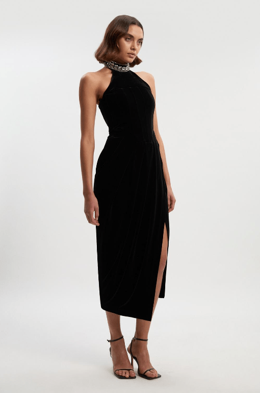Karen Millen Tailored Velvet Halter Embellished Neck Midi Dress