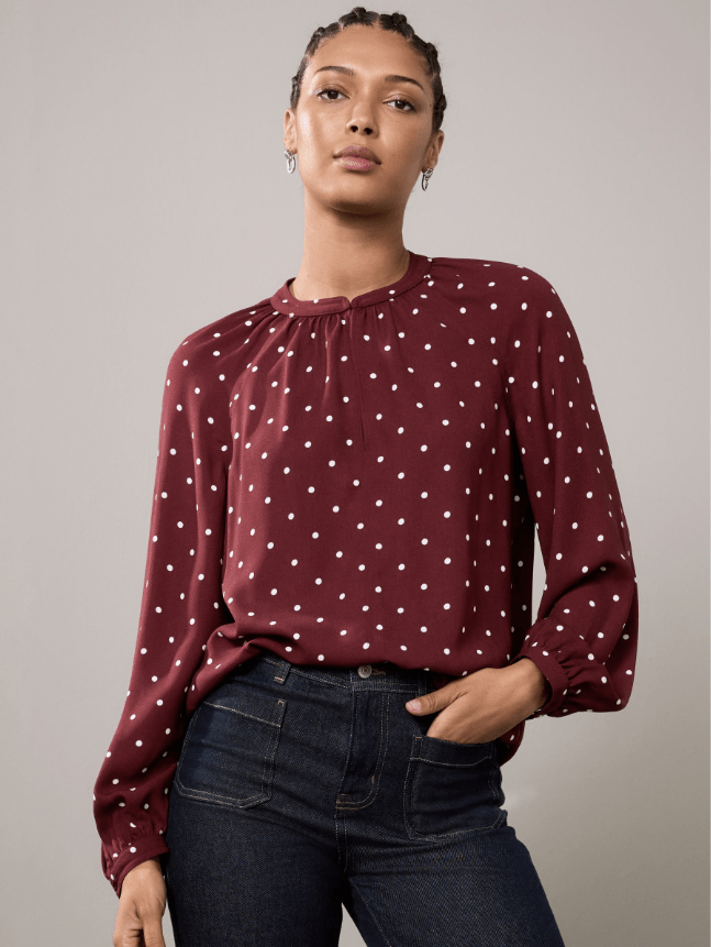 Next Burgundy Red Polka Dot Long Sleeve V-Neck Blouse
