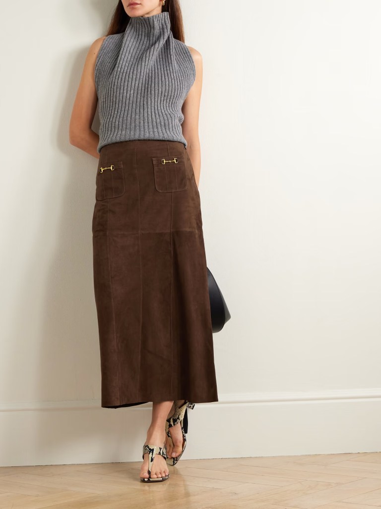 Rixo Edwina embellished paneled suede midi skirt
