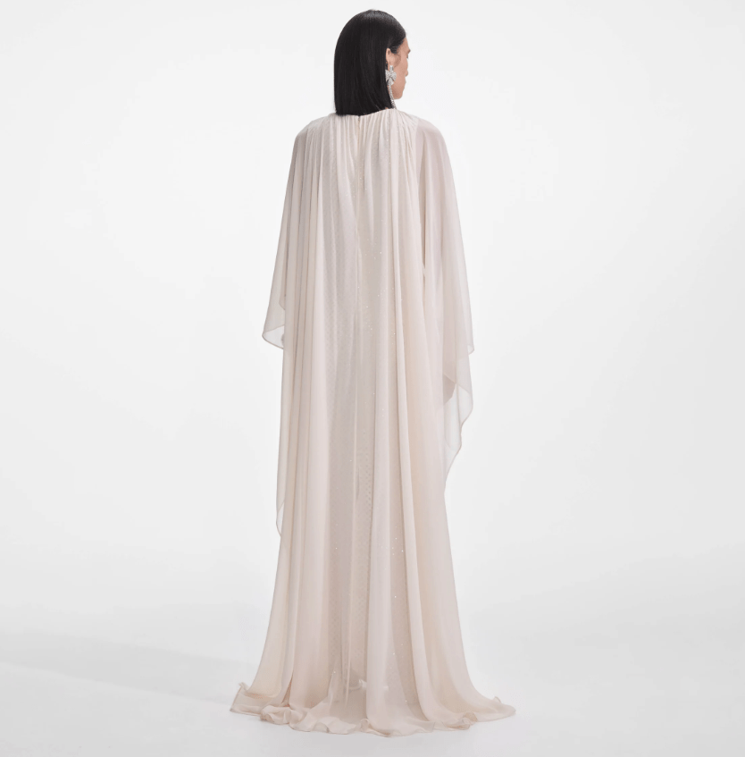Self Portrait Cream Rhinestone Cape Maxi Dress back view