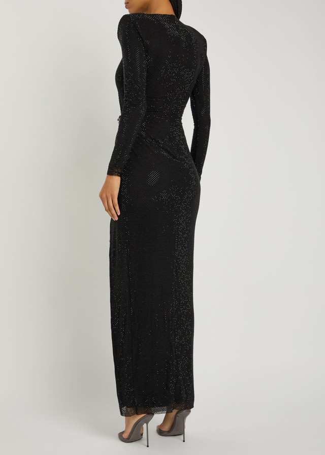 Self Portrait Black Rhinestone Mesh Cut Out Maxi Dress back view