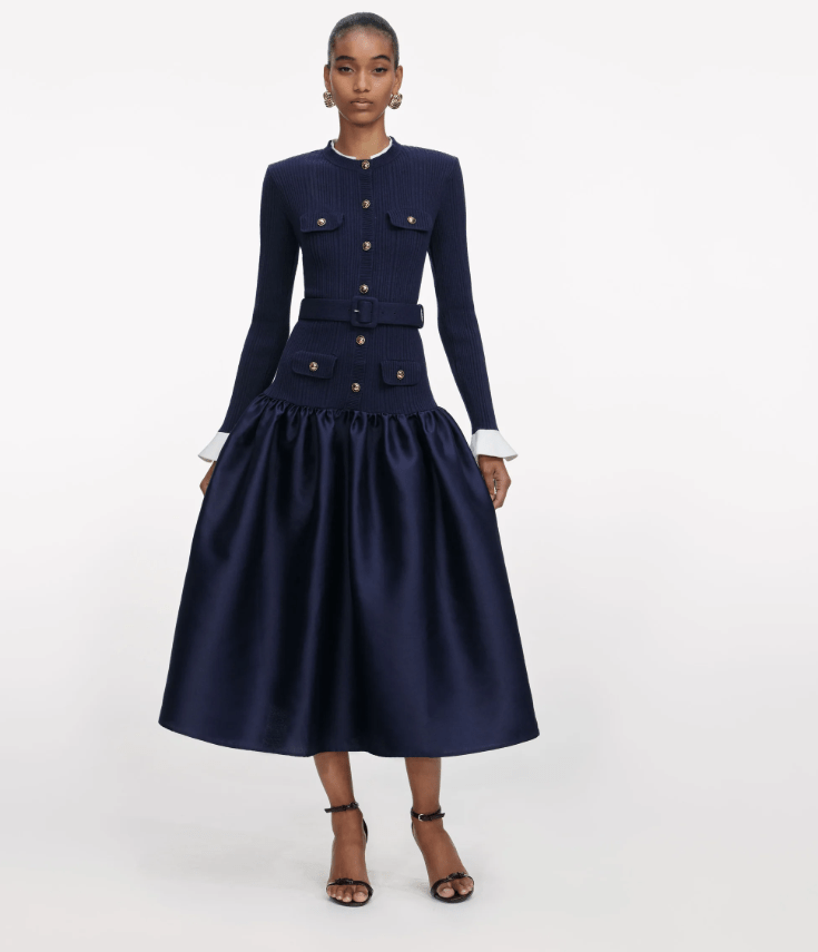 Self Portrait Navy Knit Taffeta Midi Dress