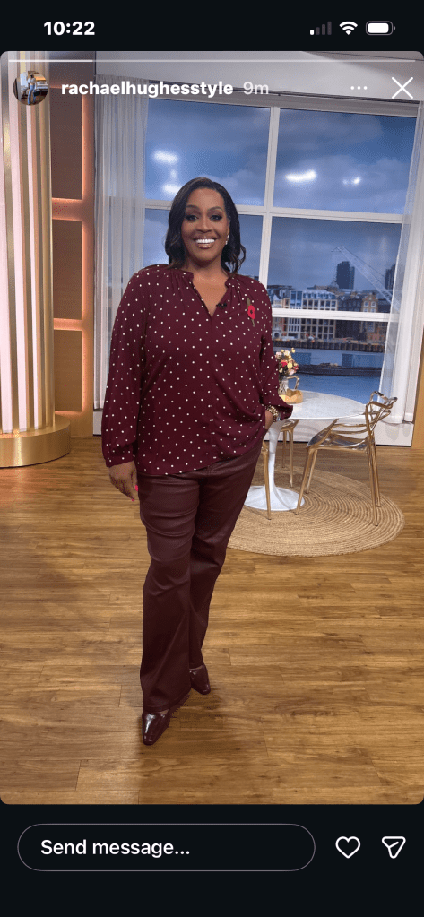 where to get all Alison Hammond This Morning outfits burgundy polka dot blouse burgundy coated bootcut jeans what is alison wearing 7 november 2025 Photo Rachael Hughes