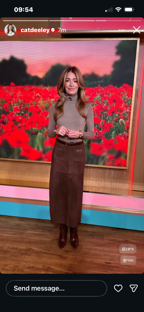 where to get all Cat Deeley this Morning outfits brown suedemidi skirt with horsebits moccha roll nck jumper brown croc boots  what is Cat wearing 11 November 2025 Photo Cat Deeley