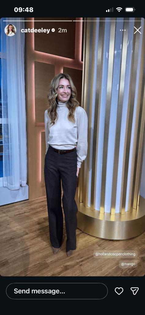 where to get all Cat Deeley this Morning outfits camel puff sleeve roll neck top brown fleck trousers  what is Cat wearing 19 November 2025 Photo Cat Deeley