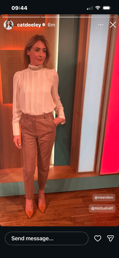 where to get all Cat Deeley this Morning outfits cream embellished collar blouse tan leather trousers brown snake court shoes  what is Cat wearing 13 November 2025 Photo Cat Deeley
