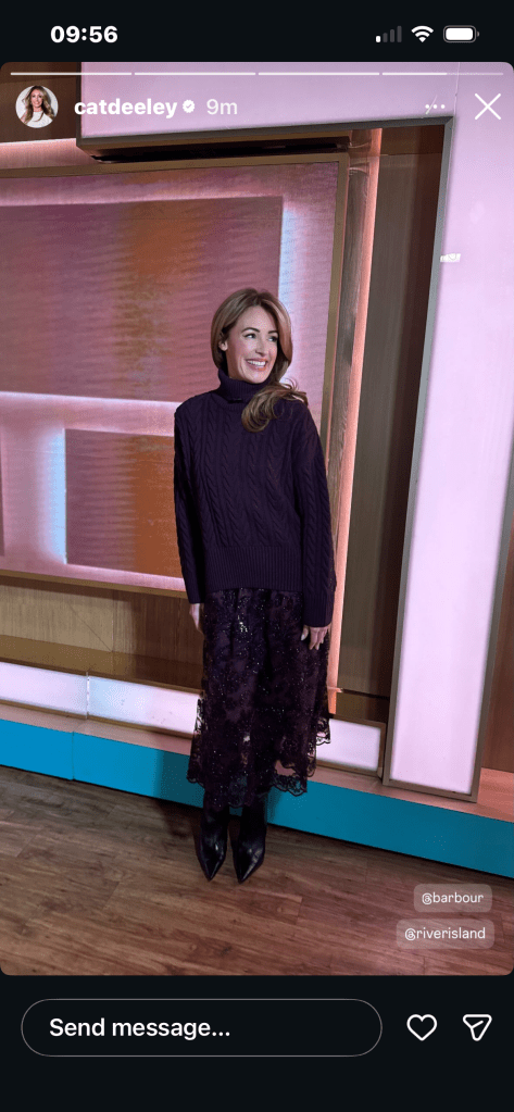 where to get all Cat Deeley this Morning outfits purple cable roll neck jumper purple and black lace and sequin skirt black boots  what is Cat wearing 20 November 2025 Photo Cat Deeley