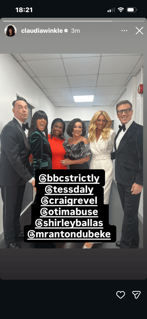 where to get all Tess Daly Strictly outfits white ivory tuxedo sheer sleeve jumpsuit Photo Claudia Winkleman