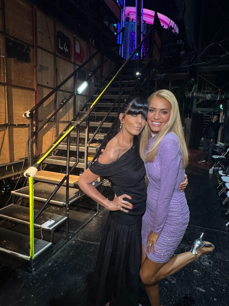 where to get all Tess Daly Strictly Come Dancing outfits lilac rhinstone draped mini dress silver shoes what is Tess wearing 15 November 2025 Photo Tess Daly