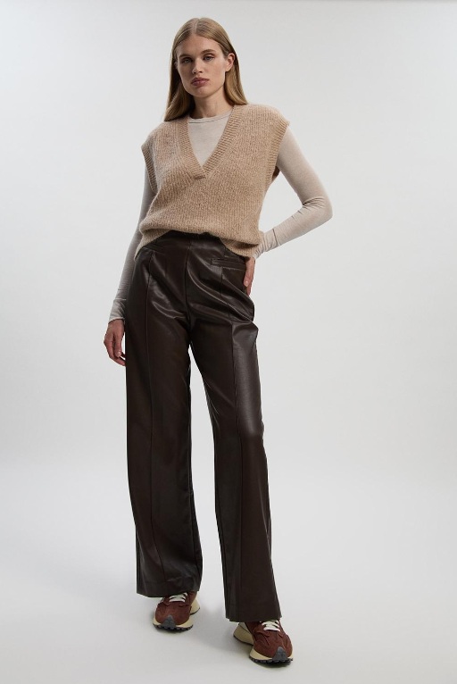Karen Millen Chocolate Faux Leather Seam Detail Wide Leg Tailored Trouser