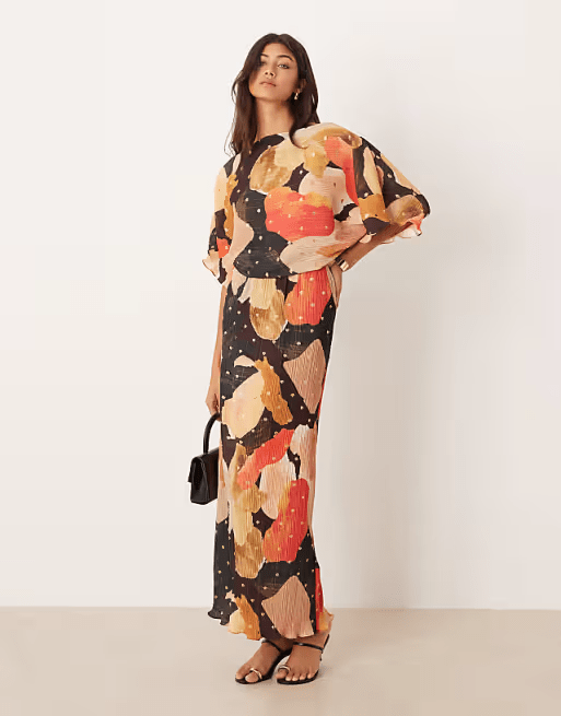 Never Fully Dressed Tilly plisse off shoulder gold foil maxi dress in coral and chocolate print