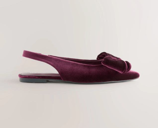 Next Burgundy Red Velvet Forever Comfort® Point Toe Bow Slingback Flat Shoes