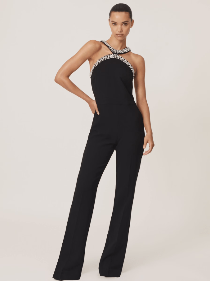 Reiss Black Simone Crystal-Embellished Cut-Out Jumpsuit