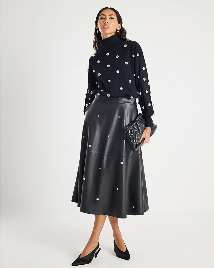 River Island Black Faux Leather Studded A line Midi Skirt