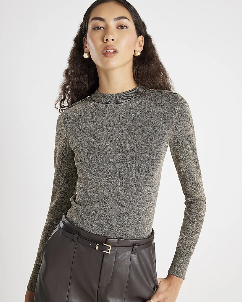 River Island Gold Long Sleeve Lurex Body Fit Top