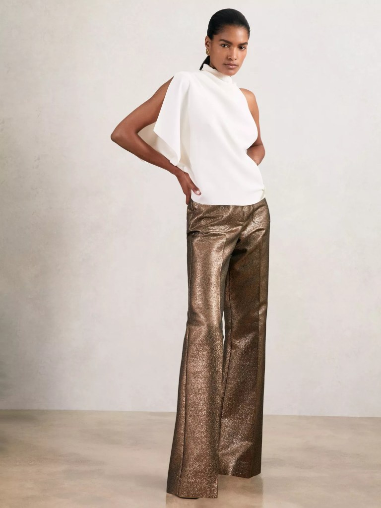 Reiss Sienna Cotton Blend Metallic Tailored Flared Trousers