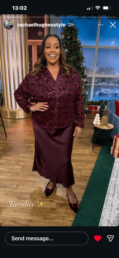 where to get all Alison Hammond This Morning outfits aubergine purple sequin shirt burgundy slip skirt burgundy velvet bow shoes what is Alison wearing 9 December 2025 Photo Rachael Hughes