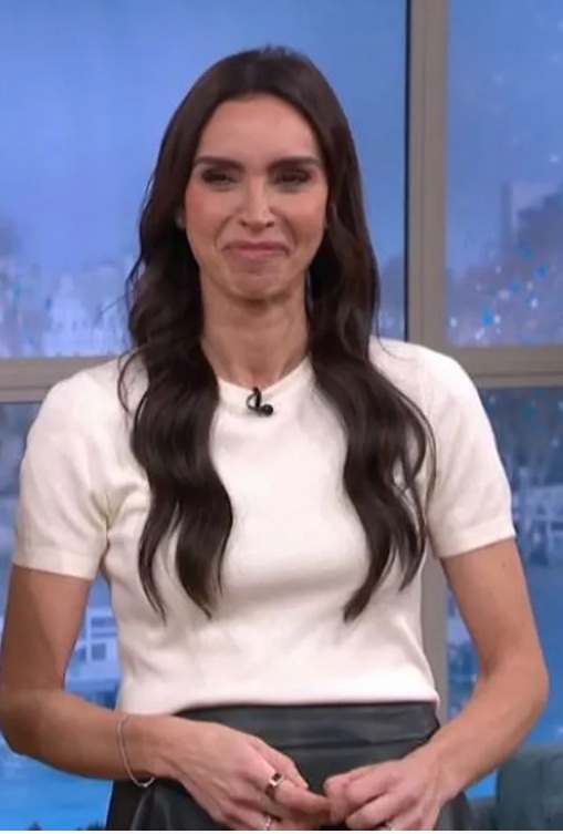 where to get all Christine Lampard This Morning outfits white shot sleeve top black studded leather skirt what is Christine wearing 17 December 2025 Photo ITV