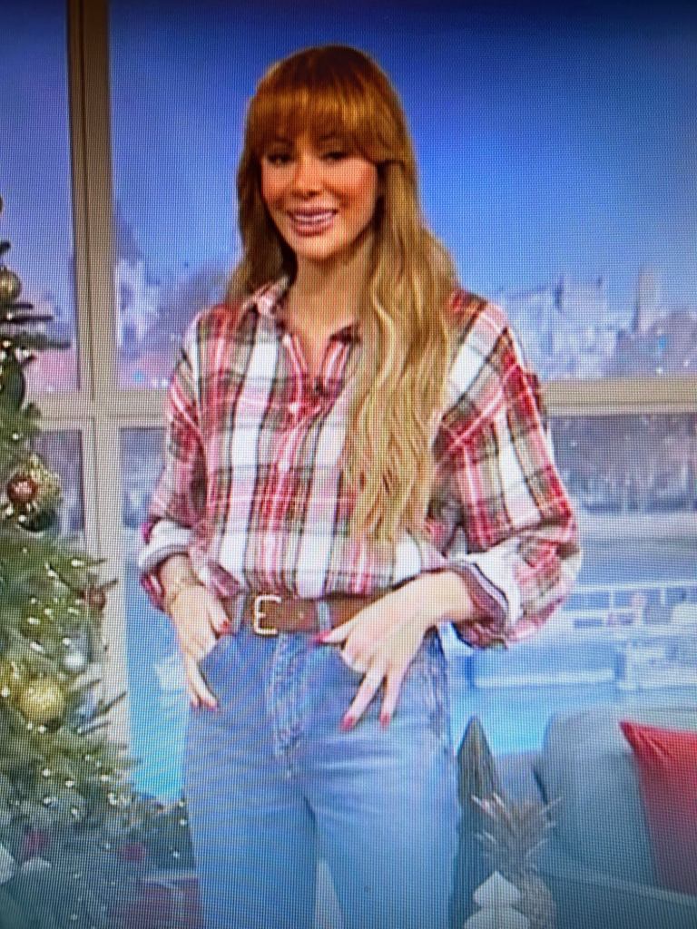 where to get all Olivia Attwood this Morning outfits red and white tartan shirt blue jeans what is Olivia Wearing 18 December 2025 photo ITV
