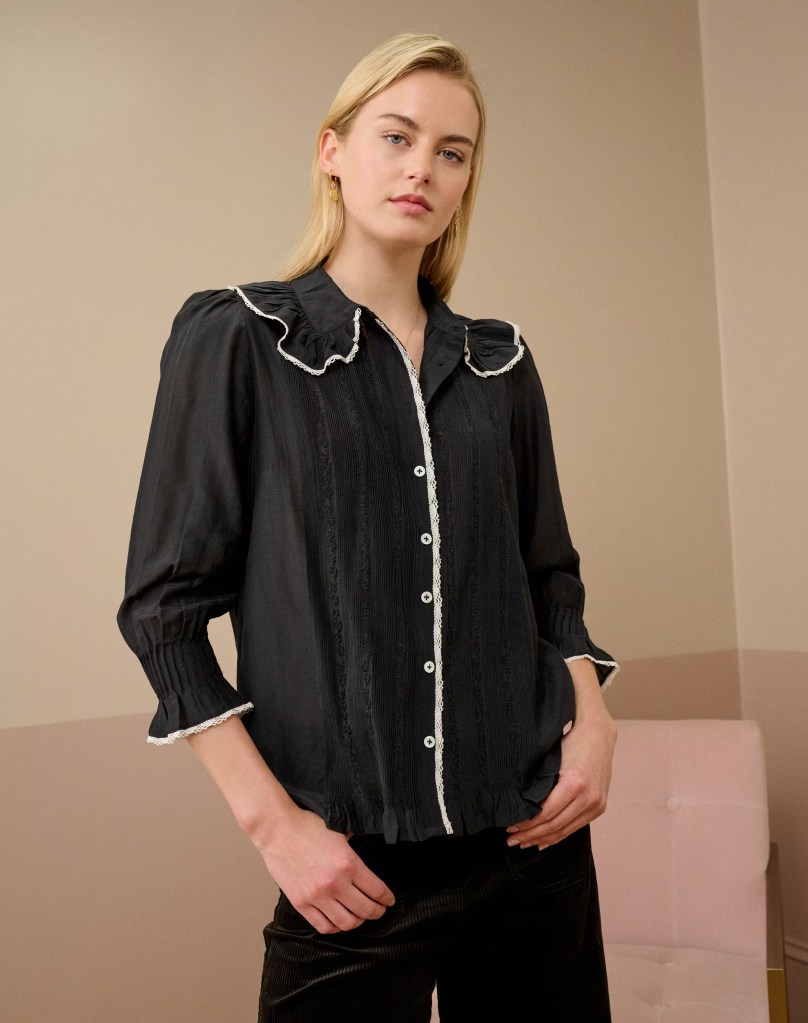Brora Silk Cotton Frill Collar Shirt