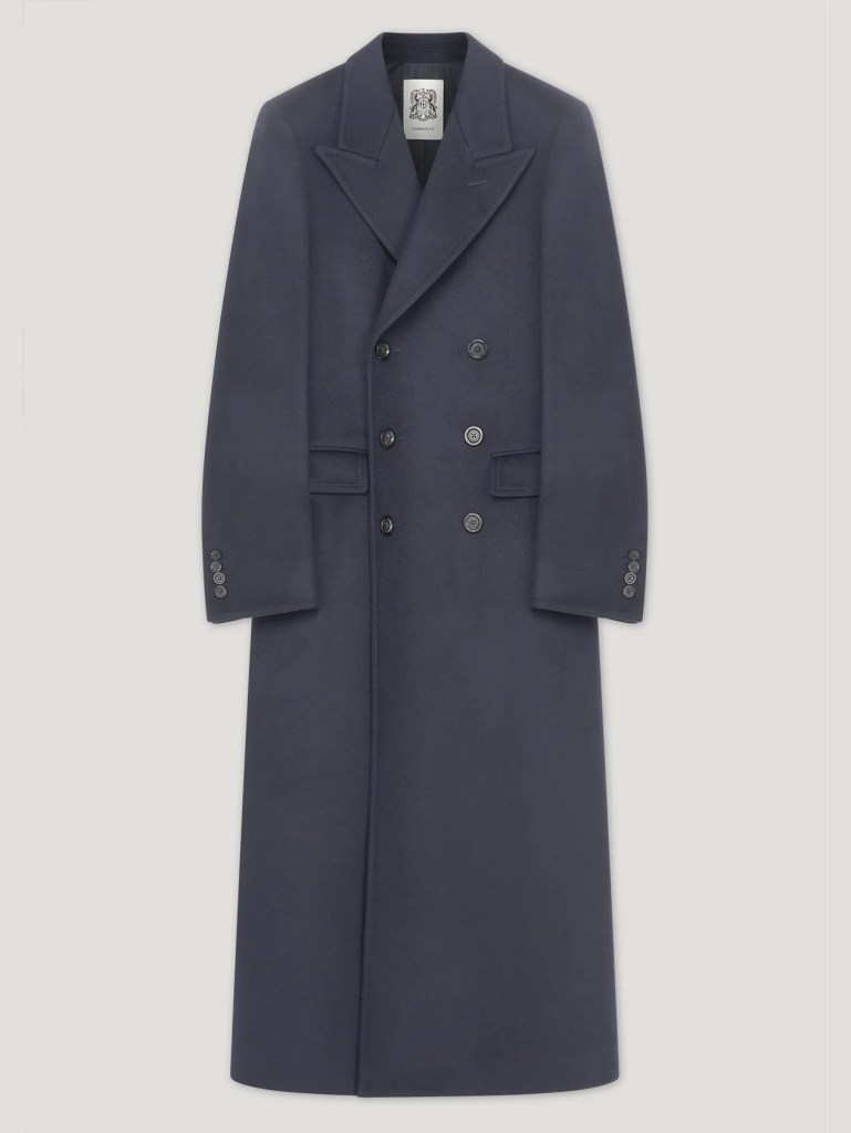 Connolly Navy Double Breasted Peak Lapel Long Coat
