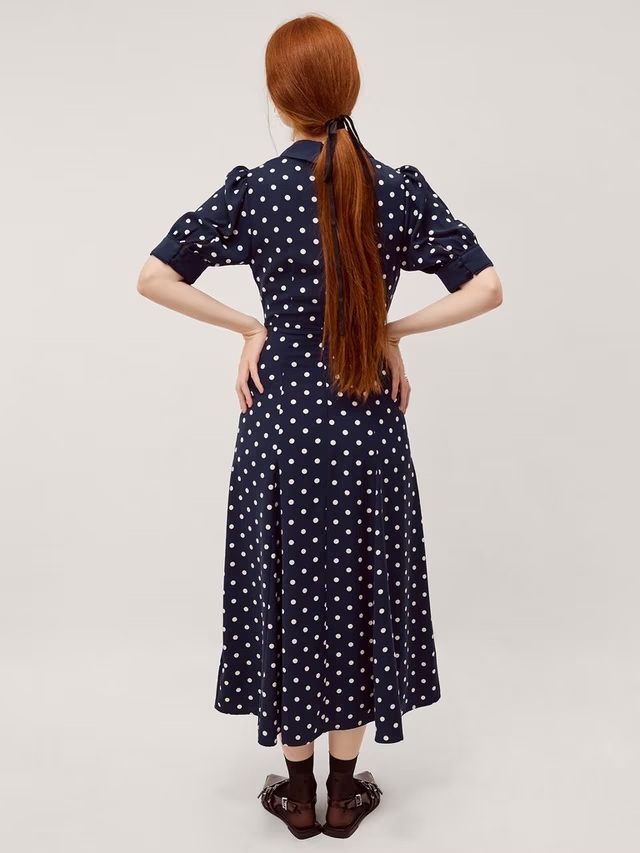 Monsoon Kate Puff Sleeve Polka Dot Midi Dress back view